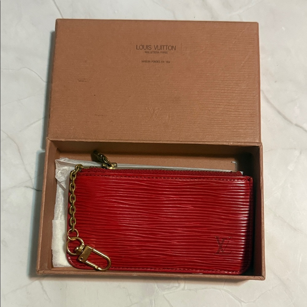 VTG Louis Vuitton Red Epi Leather Key Pouch with Gold Chain